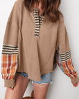 Aaliyah Waffle Stripe Plaid Patchwork Henley Knit Top