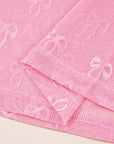 Pink Plus Size Bow Embroidered Mesh Long Sleeve Top