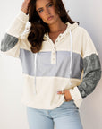 Stripe Waffle Patchwork Hooded Long Sleeve Top