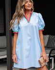 Colorblock Contrast Stripe V-Neck Puff Sleeve Mini Dress