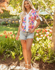Floral Colorblock Stripe V-Neck Short Sleeve Blouse