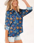 Floral Patchwork Long Sleeve Collared V-Neck Blouse