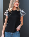 Leopard Contrast Ruffle Short Sleeve Ribbed Top