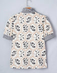 Floral Stripe Patchwork Ruffle Buttoned Short Sleeve Blouse