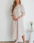 Stripe Frilled Collar 3/4 Sleeve Maxi Dress