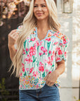 Floral Stripe Detail Split Neck Short Sleeve Blouse