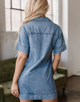 Solid Denim Collared Patch Pocket Mini Dress