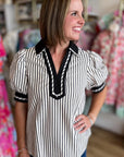 Stripe Collared V-Neck Bubble Sleeve Blouse
