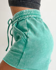 Mineral Wash Drawstring Elastic Waist Raw Edge Shorts