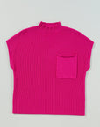 Solid Ribbed Knit Patch Pocket Short Sleeve Sweater