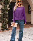 Solid Ribbed Raw Seam Patchwork Drop Shoulder Sweatshirt