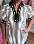 Stripe Collared V-Neck Bubble Sleeve Blouse