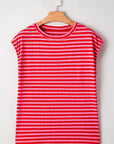 Stripe Ribbed Cap Sleeve Round Neck T-Shirt