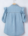 Solid Denim Ruffle Puff Sleeve Buttoned Shirt