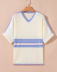 Stripe Ribbed Dolman Sleeve V-Neck Sweater