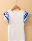 Floral Patchwork Flutter Sleeve Ricrac Trim Blouse