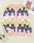 Checker Textured Knit Button Front Cardigan Sweater