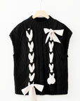 Colorblock Satin Bow Cable Knit Short Sleeve Sweater