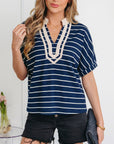 Stripe Stand Collar V-Neck Dolman Sleeve Top