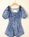 Denim Frilly Square Neck Bustier Puff Sleeve Dress