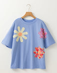 Floral Patch Exposed Stitching Crew Neck Tee