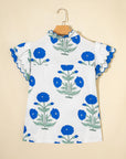 Flower Scallop Contrast Trim Short Sleeve Blouse