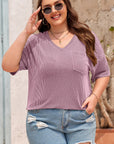 Plus Size Solid Corded Knit V-Neck T-Shirt