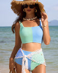 Colorblock Corded Top & High Waist Bikini Set
