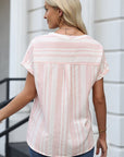 Stripe Half Buttoned Short Sleeve Blouse