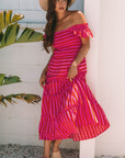 Stripe Smocked Bodice Flutter Sleeve Tiered Maxi Dress