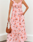 Floral V-Neck Smocked Ruffle Hem Maxi Dress