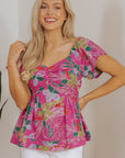 Floral Sweetheart Neck Flutter Sleeve Blouse