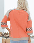 Plaid Flower Waffle Knit Patchwork 3/4 Sleeve Top