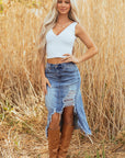 Alexis Irregular Distressed Bottom Denim Midi Skirt