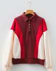 Colorblock Snap Button Polo Collar Oversize Sweatshirt