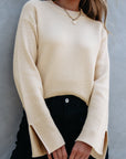 Solid Textured Knit Split Cuff Drop Shoulder Sweater