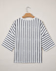 Stripe Colorblock 3/4 Sleeve Loose T-Shirt
