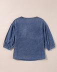 Denim 3/4 Sleeve Ruffle Patch Pocket Blouse