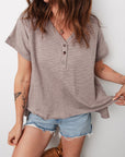 Stripe Buttoned V-Neck Short Sleeve T-Shirt
