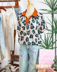 Leopard Buttoned Contrast Collar Short Sleeve Blouse