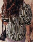 Geometric Scallop Trim Patchwork Puff Sleeve Blouse