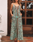 Floral V-Neck Ruffle Trim Backless Tassel Waist Dress