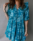 Flower 3/4 Sleeve Ruffle Tiered Dress