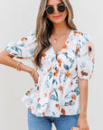 Floral Puff Sleeve V-Neck Babydoll Blouse