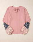 Floral Patchwork Textured Knit V-Neck Blouse
