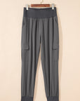 Solid Elastic High Waist Pocketed Cargo Jogger Pants