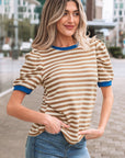 Stripe Contrast Trim Short Puff Sleeve Tee
