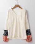 Floral Patchwork Textured Knit V-Neck Blouse