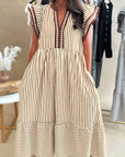 Stripe Ruffle Short Sleeve V-Neck Midi Dress