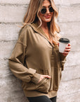 Solid Half-Zip Kangaroo Pocket Baggy Hoodie